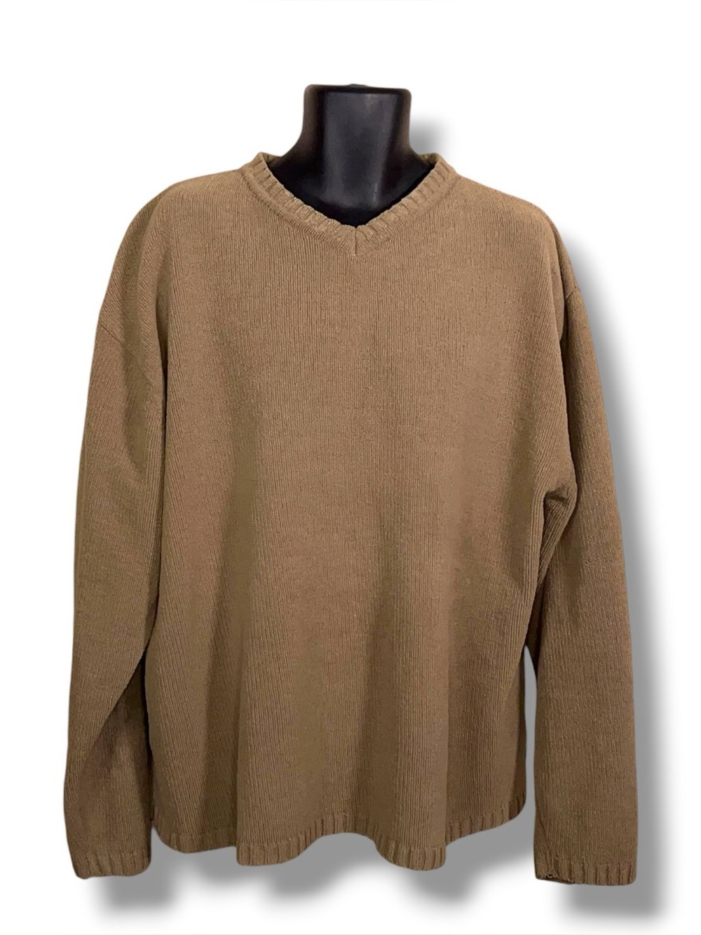 Vintage XXL Woodys Retro Lounge Sweater Vneck Long Sleeve Knit Beige Olive Tone